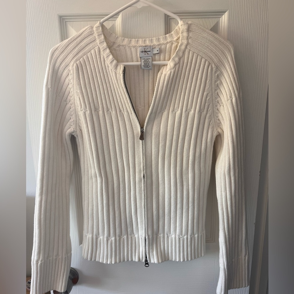 Calvin Klein Jeans White Ribbed Zip Up Sweater, Size M